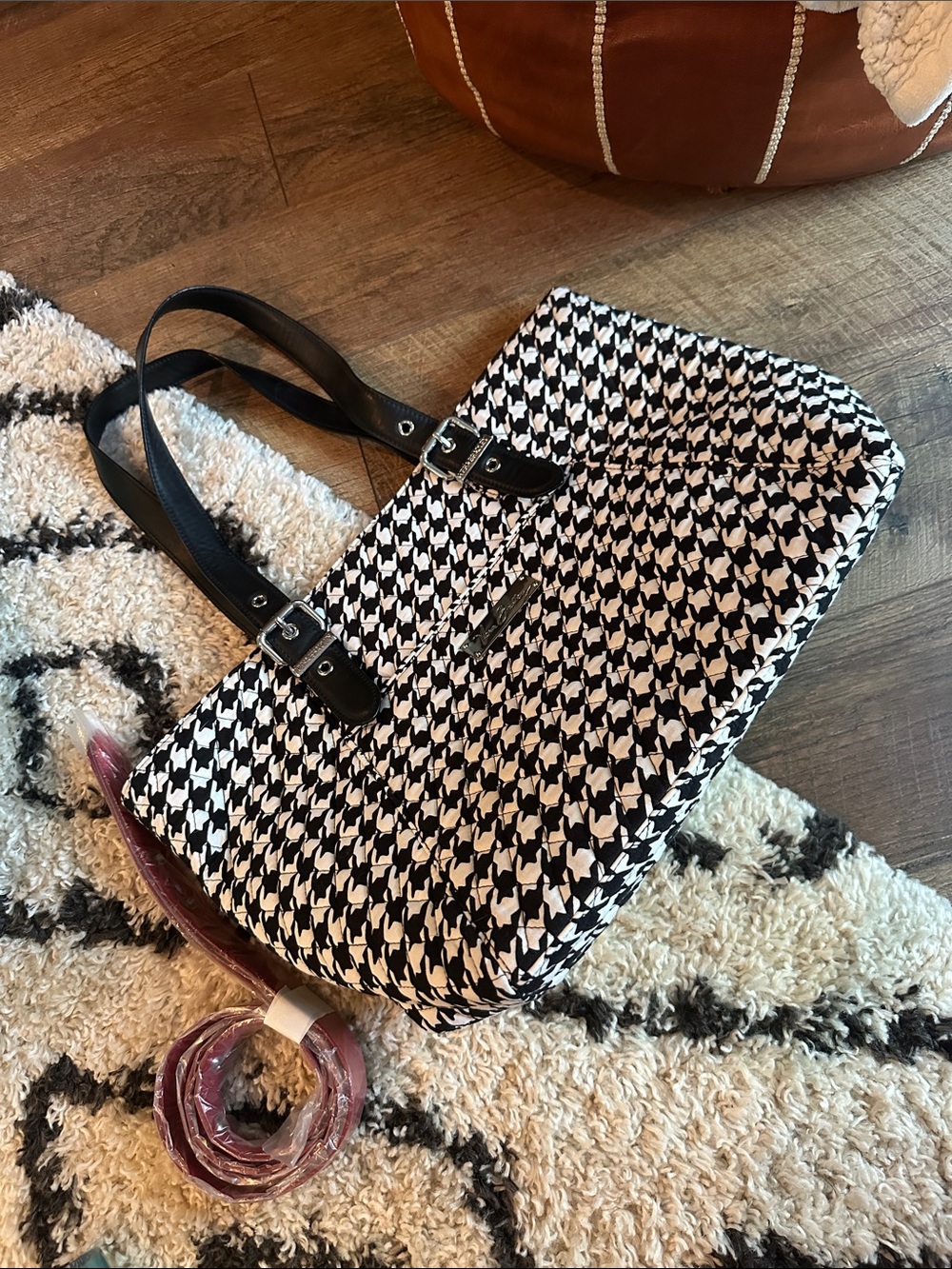Black & White Houndstooth Tote Bag with Black Straps/red strap